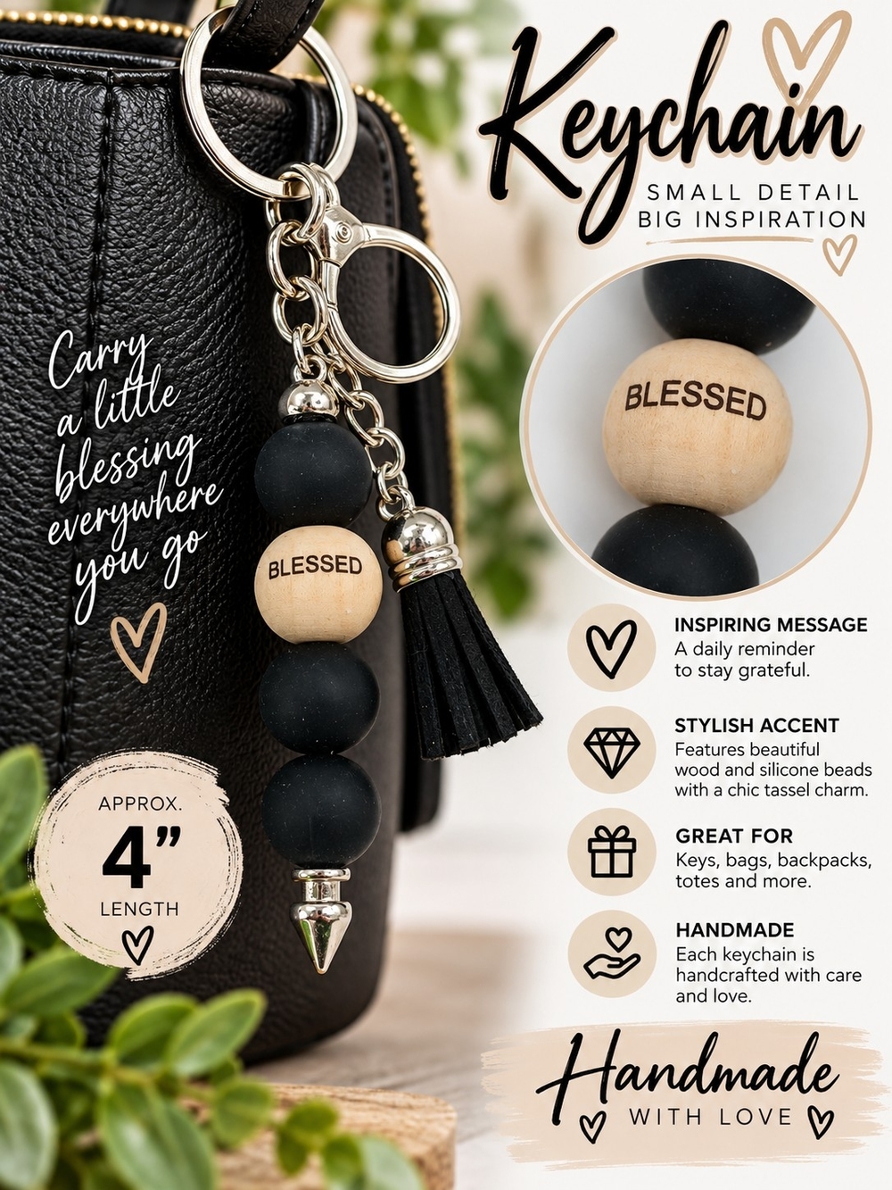 A68. Blessed Bead Keychain Black & Beige NWT